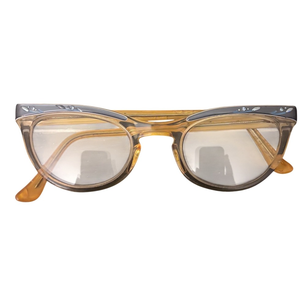 Vintage Shuron‎ Cat Eye FRAMES 5 1/4 US Grey Aluminum Brow Rhinestone Amber 50s